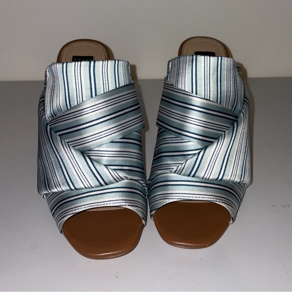 White House Black Market satin Striped unique Mules leather outsole NWOT size 9